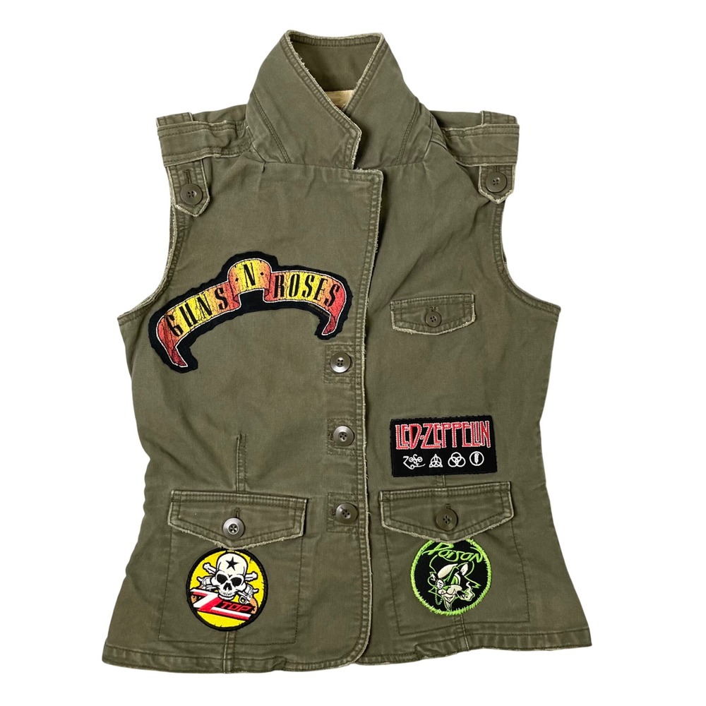 Custom Rock Band Patch Utility Vest Y2K Green Women Small Iron Maiden AC/DC